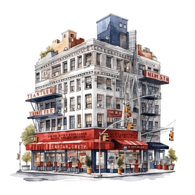 clipart de cafeteria de nueva york, acuarela, 16k, hiper minimalista, megapixel, full color, super detailed,insanely detailed and intricate, ultra detallado