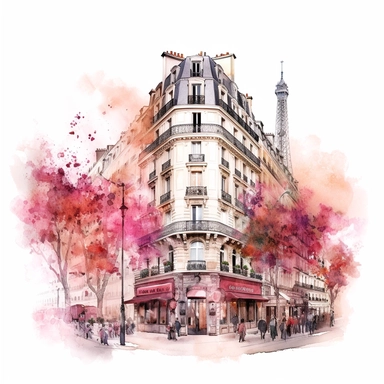 watercolor promotional print for the city of Paris depicting the essence of the France soul, dreamlike, inspired by line art in pink color, clipart, on white background