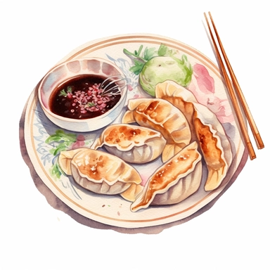 picturesque,bright luxury arrange neatly on a plate, Pan-fried gyoza dumplings with brown burnt marks, icon clipart on white background, watercolor, detailing in pastel colors, high quality, painted by Beatrix Potter, 8k,