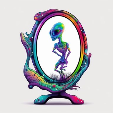 Illustration in boho style, clipart, sublimation drawing Alien in the Looking Glass. Bright colorful colors. White empty background, high quality 8k, quality detail