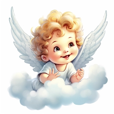 playful cartoon happy cute baby angel on a cloud with big open eyes and well-defined curls, clear bright drawing with white background, clipart, details