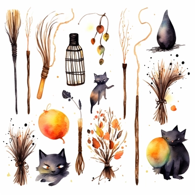 beautiful loose watercolor, halloween clipart, a witch's broom , clipart set, simple, halloween colors , cartoon elements, different variants , candy , black cat ,separate elements with a margin, on white backgound