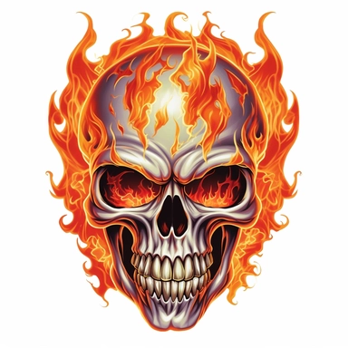 flaming skull, clip art, 2d, bumper sticker, airbrush, illustration