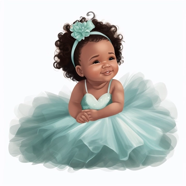 newborn black infant baby girl in a big teal and green tutu dress, sideview, smiling, soft illustration, clipart