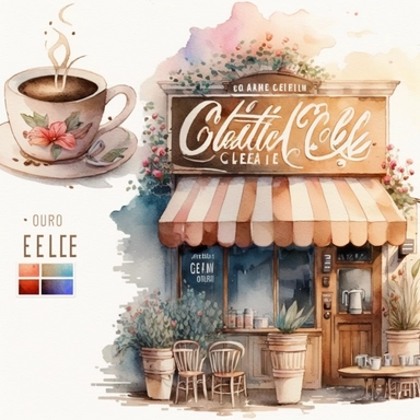 watercolour American style cafe with sign saying COFFEE beautiful American style coffee cafe beautifully detailed American coffee cafe png image,high resolution,300 dpi,graphic clipart,computer graphics