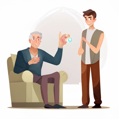 Young man holding engagement ring in living room asking older father for permission, transparent white background, flat clipart style