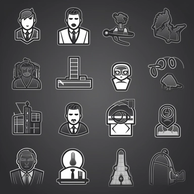 crime drugs and mayhem as corporate clipart icons, black line art icons