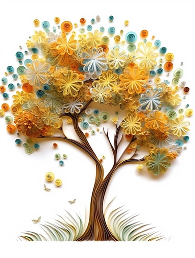 africa accacia tree art of quilling clipart, gold and glory pastel mute soft colors, illustration, white solid background,