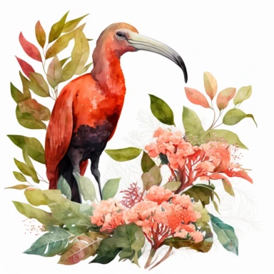 Watercolor scarlet ibis with flowers trees and leaves Clipart, white background