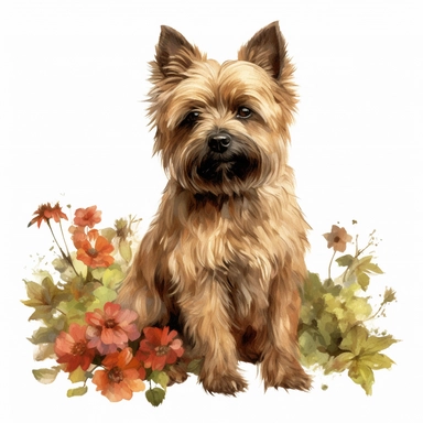 botanical watercolor clipart, Cairn Terrier, isolated on white background, Margaret Mee, Pierre-Joseph Redouté, Sydney Parkinson, 8k