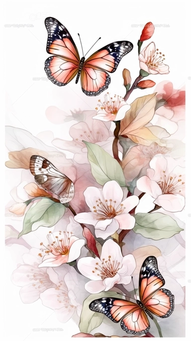 clipart Watercolor art of a cherry blossom branches, and butterflies, with soft pastel hues, illustration in the style of Ayami Kojima and J.C. Leyendecker, pixiv, high quality, highly detailed,on white background,fit image on paper, align center and middle, iw 0.75