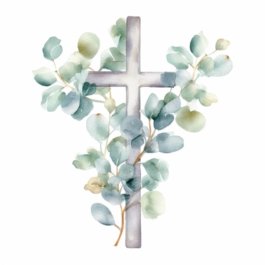 watercolor cross clip art with eucalyptus around it on white background