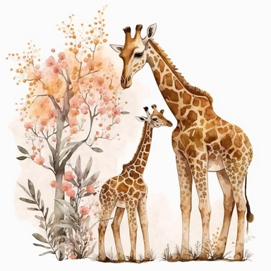 cute pair of mother and daughter giraffes clipart with watercolor illustration,8k,etsy style--ar 2:3