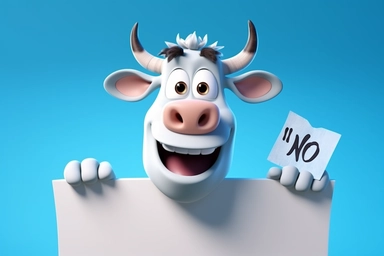 character cartoon cow with banner in clipart 3d image, in the style of unreal engine 5, natalia rak, movie still, matte photo, lightbox, relief, white and cyan