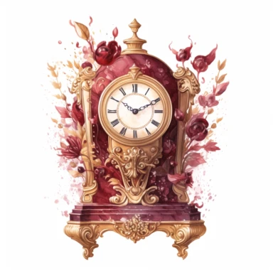 a beautiful watercolour illustration of a mantle piece clock, in gold and maroon, clipart, in the style of Natalie Shau and Kawacy, isolated on a white background, 24k