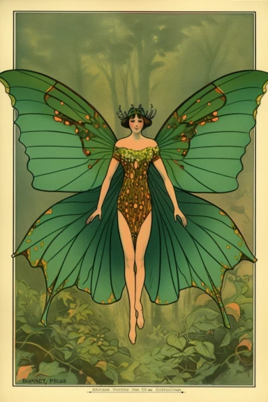 Vintage 1920 Symmetrical Fully Clothed Female Fairy with Large green Wings on its back Illustration, Chromolithograph, 1920s Illustration, Vintage, Antique, Ephemera, Clipart, 8k, on a vintage magazine cover