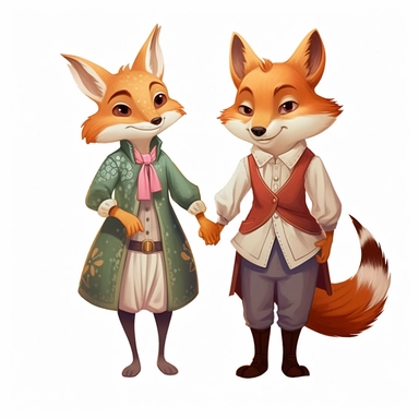 2 foxes, male, female, holding hands, cartoon, childrens book sytle, clipart, white background
