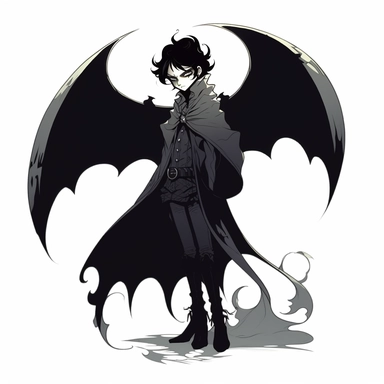 A goth clipart with a white background, featuring a dark, brooding figure with bat wings