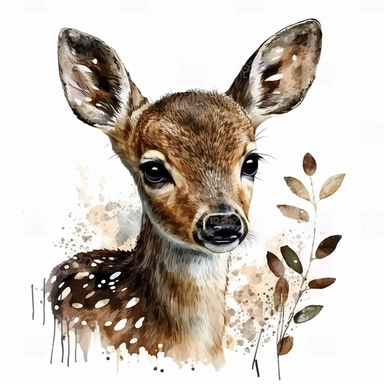 /cute baby deer head Clipart Watercolor, white background, realistic style ,in woods , detailed