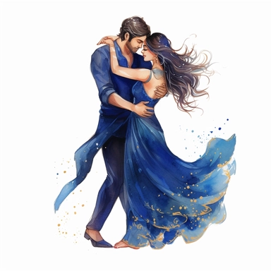 hindu couple dressed with midnight blue clothes with glitters dancing together during sangeet watercolor clipart