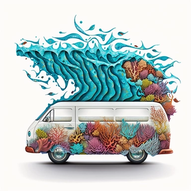Craft a vibrant image of a van riding a wave, surfboards showcasing colorful patterns, with a majestic coral reef beneath the surface, set against a clean white backdrop, illustration style, white background, clipart, PNG pure white background, high resolution, hyper detailed, best quality, high detailed illustration