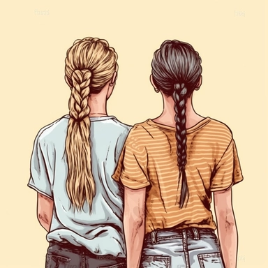 clipart of adult best friends, friends forever, ponytail hairstyle, back facing, fashionable, closeup