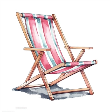 watercolour illustration beach lounger chair pink themed colours, highly detailed, clipart, white background, contour, clear outline