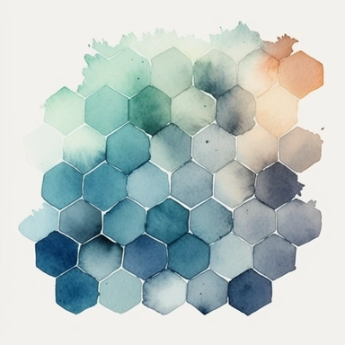 watercolor style, hexagon hive grid, semi-transparent splash in very faded dusty blue hues, etheral, very light, barely visible colors, almost transparent, clipart isolated on white background, 4K