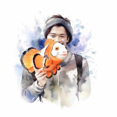 Adorable pet Clownfish having happy moment with it's human owner, water color style, clipart, white background