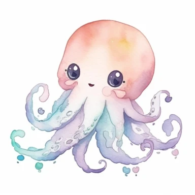watercolor clipart with white background, cute octopus swimming, nursery wall art, pastel colors, simple cartoon style, flat design, clearly defined separated image, high quality