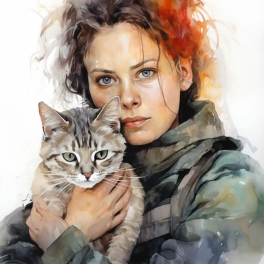 Sigourney Weaver like Ripley with Jonesy cat, character from movie Alien, watercolor painting, cinematic lighting, clipart, white background