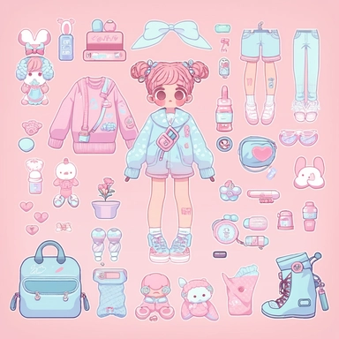 a girl that is standing in front of a bunch of stuff, trending on deviantart, character sheet, ? ? ?, embrace porcelain doll, everything fits on the screen, highly detailed object content, secret <, knolling, clipart icon, 2 0 1 9 anime, first aid kit, bunny