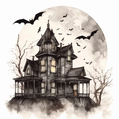 haunted house, full moon, bats flying in sky, halloween style, clipart, watercolor, vintage--q2--v5.1--s1000
