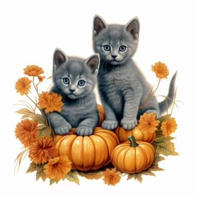 autumn themed russian blue kittens, vintage clip art