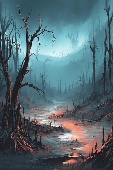 realistic clipart of enchanted winter hell landscape, digital painting