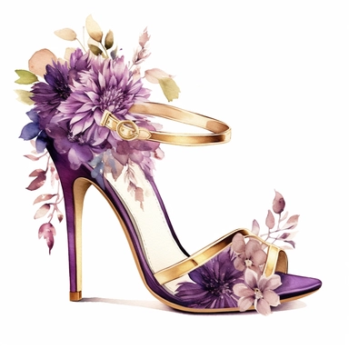 floral Wedding heels watercolor clipart, purple and gold, white background
