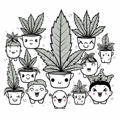 Illustration hand draw style of kawaii cannabis, black and white , clipart collection, clean lines, vector line, white background