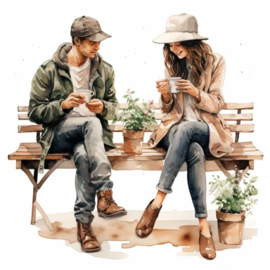 Travel Watercolor Clipart, a man and a woman, best friends, drinking coffee, pastel color, single object ,isolated on white background, highly detailed, hand painted watercolor illustration by Cath Kidston, Emma Bridgewater, png transparent background, white background for removing background - - no text shadow font watermark