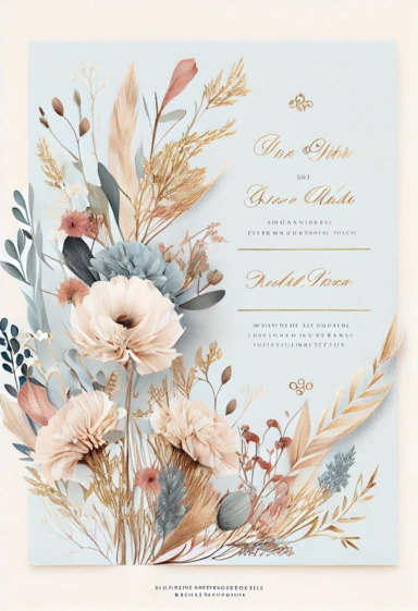 beautiful, intricate, sharp focus, light blue, tan, and pink flowers, boho wedding invitation with white fluffy tail flowers, dried grasses, show entire invitation, no border, clipart, on white background, flat lay, extreme detail, wedding invitation,