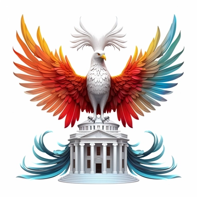 a clipart of A giant, colorful phoenix rises from the ashes in the center of a small, simple design of black-and-white house, realistic