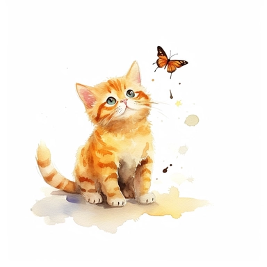 watercolour, cute cat,orange cat play with a butterfly, clipart, kitten , 3D, 4K , scottish fold, white background
