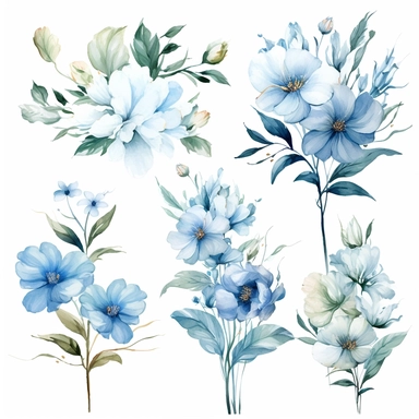 realistic watercolor aqua floral cliparts white background