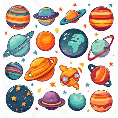 clip art designs of outer space, planets, aliens, stars, moons, suns, white background