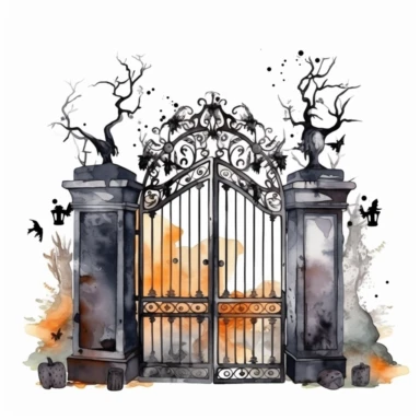spooky cemetery iron gate, watercolor png clipart on a white background