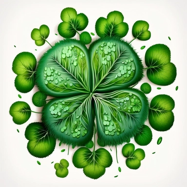 four leaf clover, surrounded by grass, tempera clipart illustration, intricate details, bold, vivid images, clean, crisp, smooth, with white background