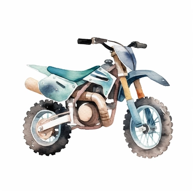 a kids dirtbike, watercolor clipart, minimalist, isolated white background, no angle on view, flat perspective, muted colors, simple design, less details