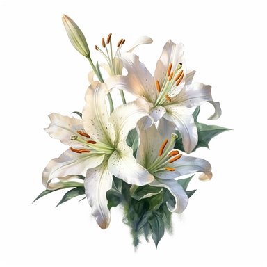 isolated clipart on a white background of a watercolor beautiful flowers lily illustration, in the style of zbrush, storytelling, mashup of styles, in the style of daniel f. gerhartz, transcendent, nikon d850, art of burma, captures the essence of nature, in the style of organic forms and patterns, expansive skies, hyper-detailed illustrations, i can't believe how beautiful this is, lively colors