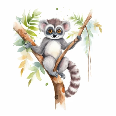 a whimsical watercolor clipart image with a white background and vibrant colors, featuring a cute lemur hanging playfully from a tree branch, its tail curled in delight. The ultra-detailed, hand-drawn elements capture the energetic and mischievous nature of the lemur. Use shades of gray, brown, and green to create a visually captivating and lively image that conveys the charm and liveliness of the lemur in its natural habitat.