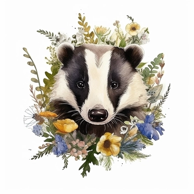 WOODLAND BADGER WITH FLOWERS, CLIPART, WATER COLOUR, WHITE BACKGROUND