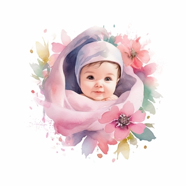 an ultra cute baby girl wrapped in a pink blanket, flower bomb, summer, Watercolor white background clipart